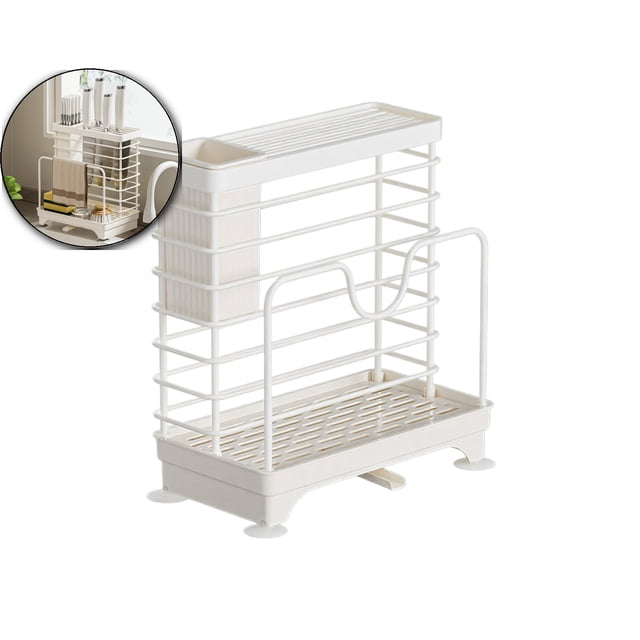 Dvruxg Wall Mount Kitchen Knife & Cutting Board Rack, No Drill Metal Organizer w/Dish Tray(White)