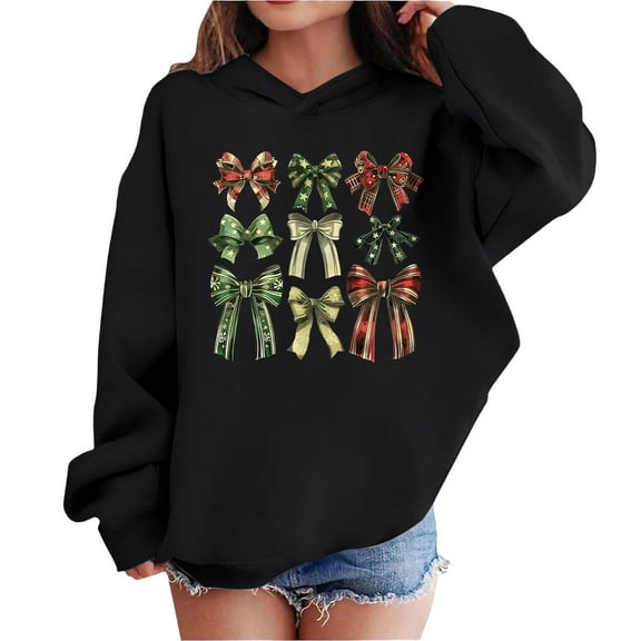 Lorytime Christmas Girls Hoodies with Bows Boys Sweatshirt Long Sleeve Pullover Drop Shoulder Soft Tops Black 11 Years