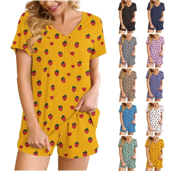 FRSASU Pajama Strawberry Print Set for Women 2 Piece Lounge Set Short Sleeve V Neck Tops and Shorts Soft Sleepwear with Pocke Yellow XL(XL)