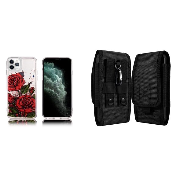 Liquid Glitter Case for iPhone 14 Pro and Belt Holster Pouch - Red Rose