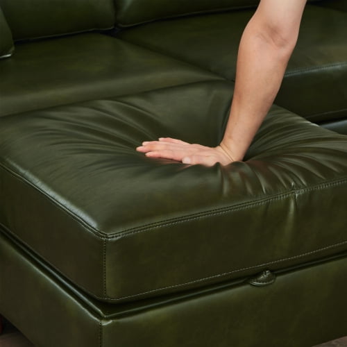 120" U-Shaped Sectional Sofa with 2 Removable Storage Ottomans, Faux Leather Couch, Breathable PU Leather, Solid Wood Frame, Dark Green