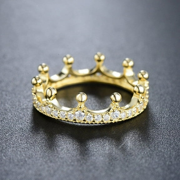 Womens Sterling Silver Golden Ring European Design American Fashion Crown Ring Crown Molding Ring Jewelry Gift for Her