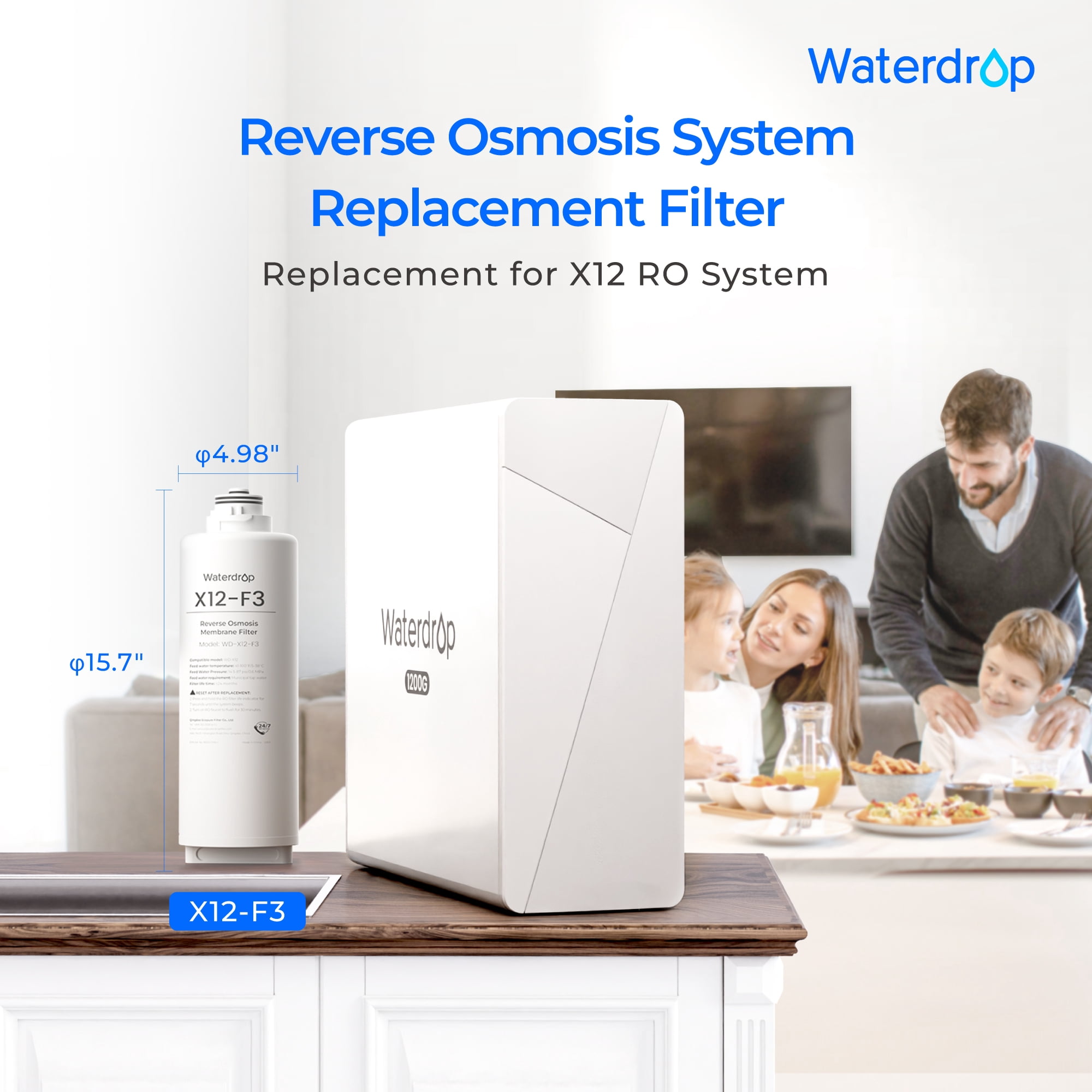 Waterdrop WD-X12-F3 Filter, Replacement for WD-X12-Basic & WD-X12-Alkaline & WD-X12-PRO 1200 GPD Reverse Osmosis System, 24-month Lifetime, Reduce PFAS
