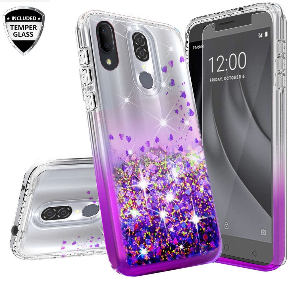 Diamond Quicksand Cute Phone Cover Alcatel 3V 2019 Case with Tempered Glass Screen Protector Purple on Teal 
