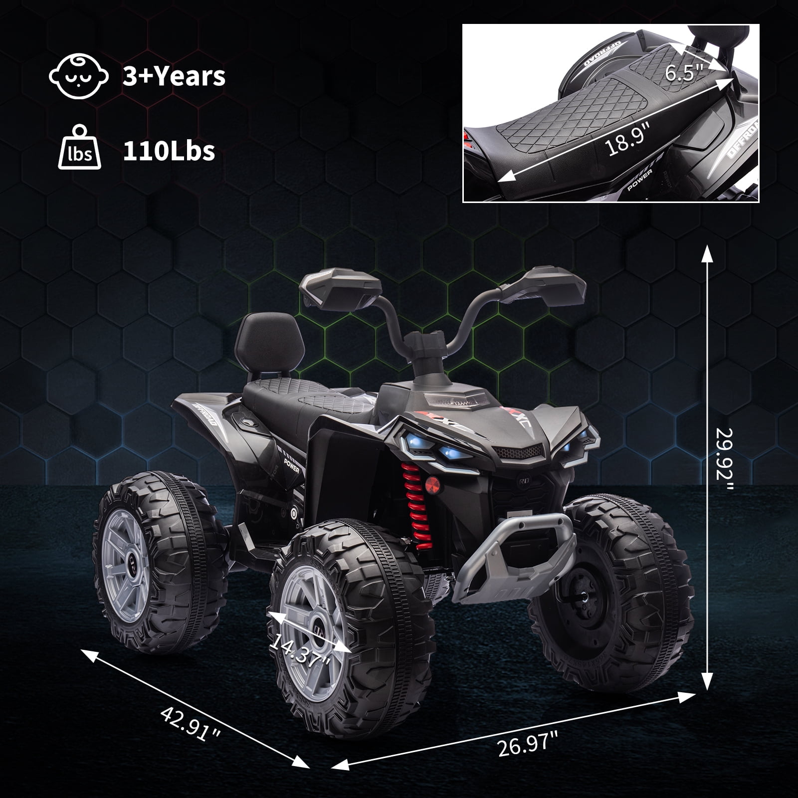 24V 2-Seater Electric Kids ATV Ride-On Car – Dual 550W Motors, Off-Road 4-Wheeler, 14.4'' Wheels, LED Lights, Music, High/Low Speed, For Boys & Girls Ages 3-8