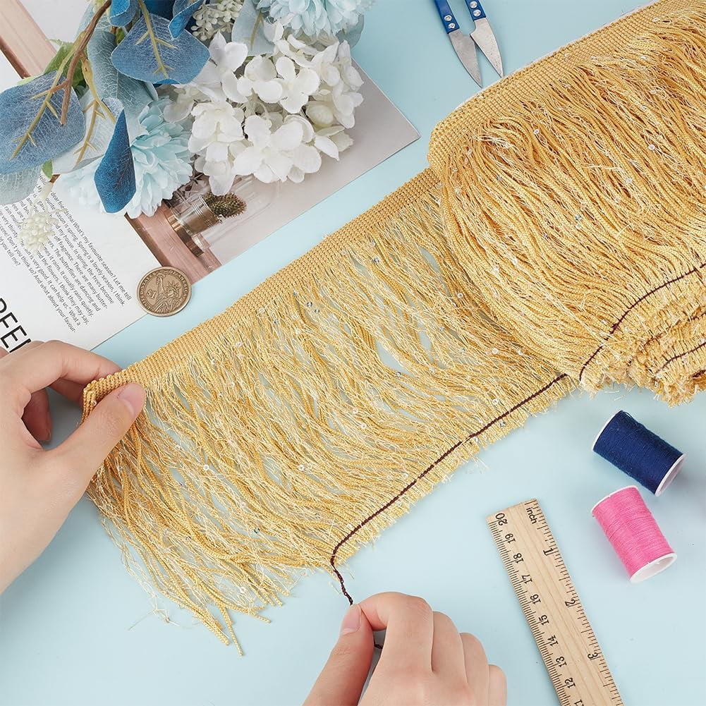 Paillette Tassel Polyester Ribbon Trim Clothes Accessories Gold 5-7/8 inch(150mm)