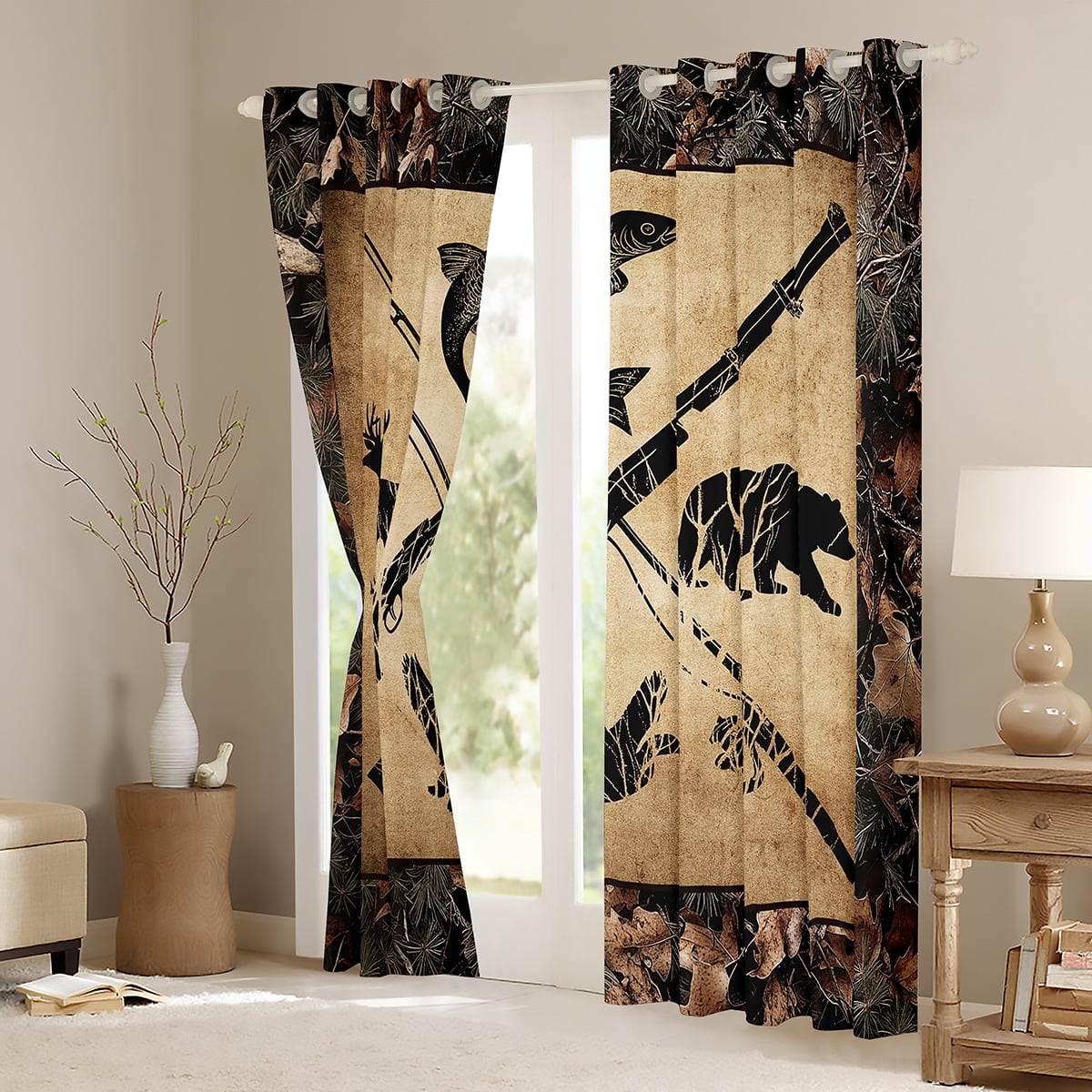 Hunting And Fishing 30%-50% Blackout Curtains 38"Wx45"L Tree Branches Camo Window Curtains For Bedroom,Woodland Wildlife Bass Fish Duck Bear Deer Rustic Farmhouse Cabin Curtains 2 Panels