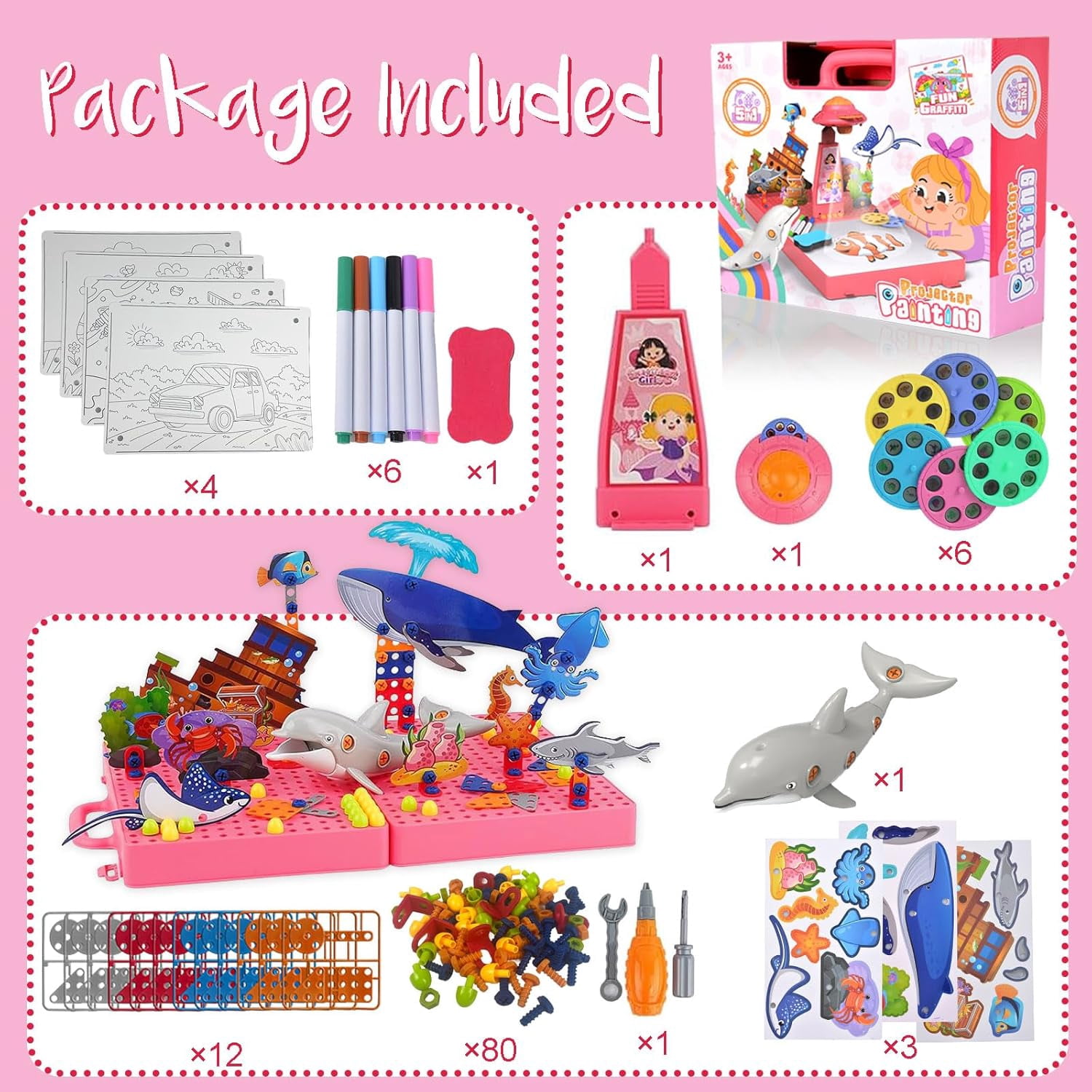 2win2buy Drawing Projector for Kids Art Sketcher Projector for Tracing with 48 Patterns & Graffiti Boards & Pen Drawing Board with Light, Toys Gifts for Boys Girls, Pink