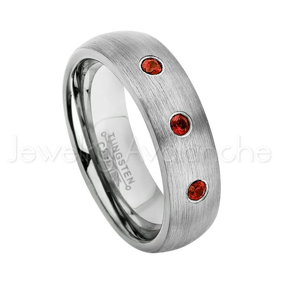 6mm Brushed Dome Tungsten Ring - 0.21ctw Garnet 3-stone Band - Personalized Tungsten Wedding Ring - Custom Made January Birthstone Ring TN060BS