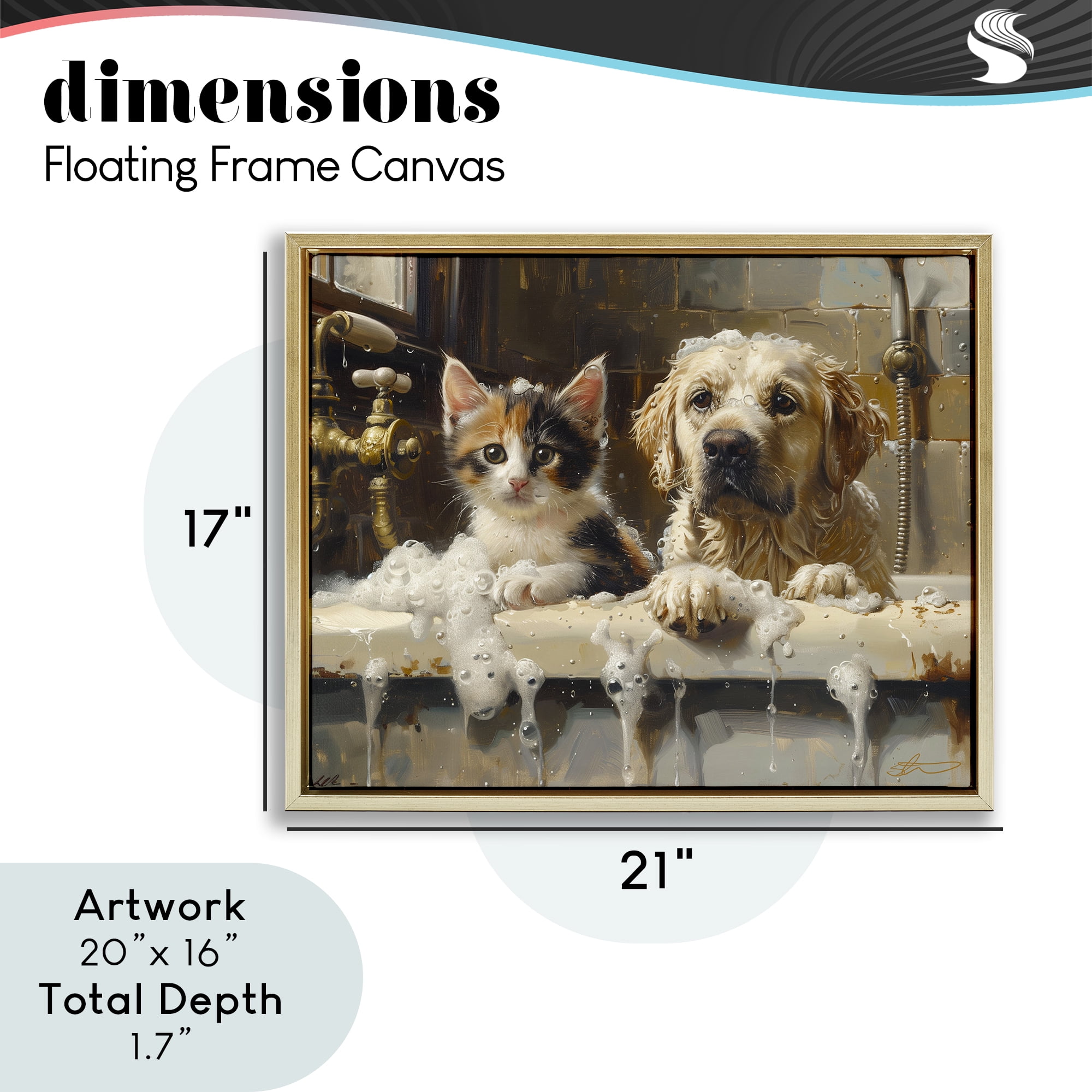 Bath Buddies Cat & Dog Gold Framed Floater Canvas Wall Art, design by Shawna Stewart