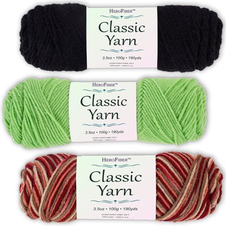 Soft Acrylic Yarn 3-Pack, 3.5oz / ball, Black Night + Green Lime + Blend Sedona. Great value for knitting, crochet, needlework, arts & crafts projects, gift set for beginners and pros