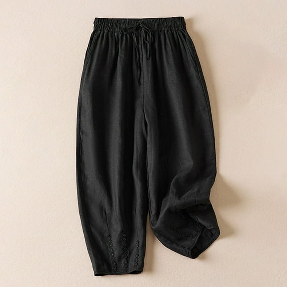 Lilgiuy Women's Solid Color Casual Elasticated Frenulum Literary And Artistic Revival Flax Harlan Ninth Pants Cotton And Linen Plus Size Pants for Beach Vacation Travel