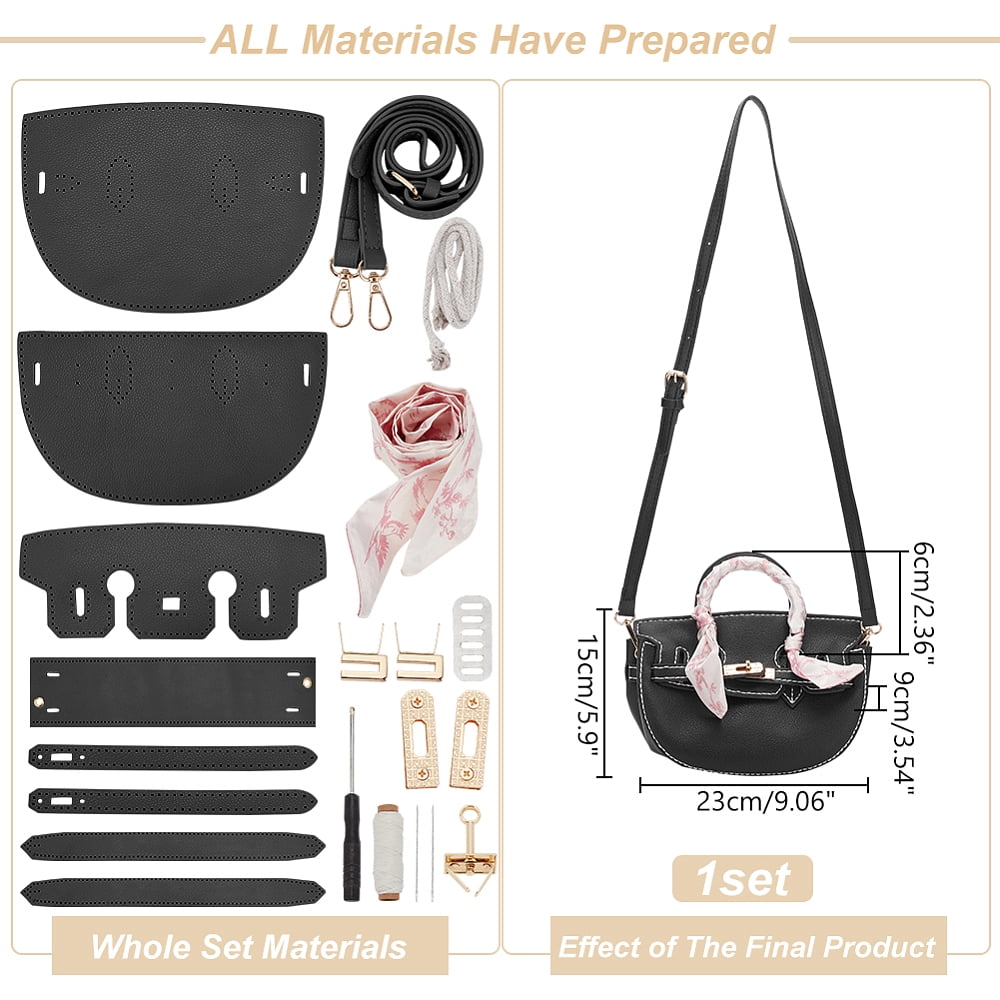 DIY Imitation Leather Crossbody Bag Kits including PU Leather Fabrics Silk Ribbon Cord Threads Needles Screwdriver Alloy Findings Shim Black DIY