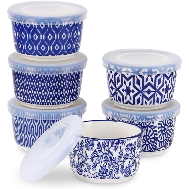 Selamica Ramekins with Lids 4 oz Oven Safe, Creme Brulee Ramekins Souffle Dishes with Covers, Stackable Ceramic Mini Ramekin Bowls Set for Dipping, Custard, Pudding, Baking, Set of 6, Vintage Blue