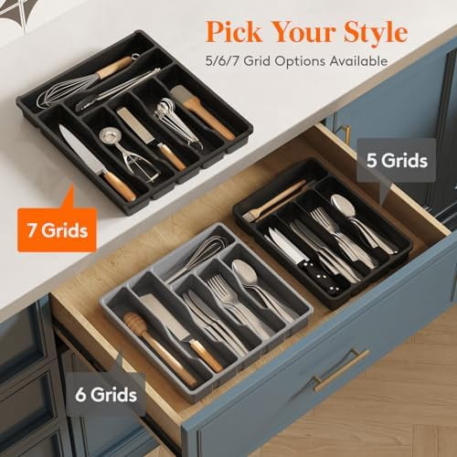 Silverware Drawer Organizer Tray, Plastic Cutlery Storage for Kitchen, Flatware and Utensil Holder Divider for Spoons Forks Knives Tableware, 12.3 x 14.2", 7 Slots, Black