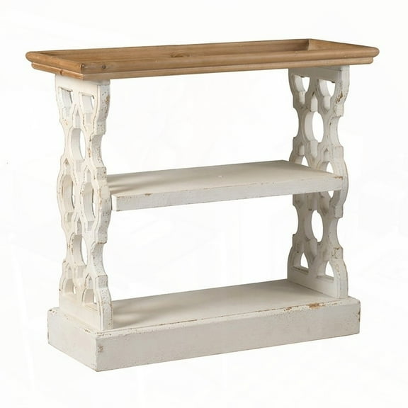 35.5" x 14" x 32" Distressed White & Natural Wood Shelf Tray for French Country Console Table
