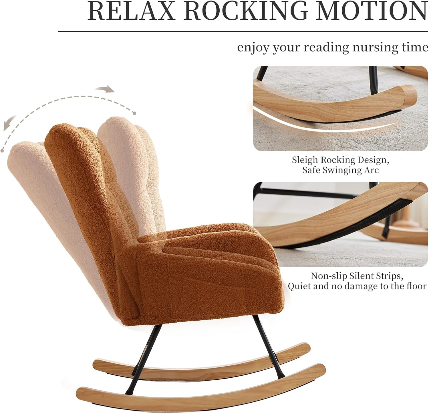 Teddy Fabric Nursery Rocking Chair w/ High Backrest & Side Pockets, Glider for Breastfeeding, Living Room