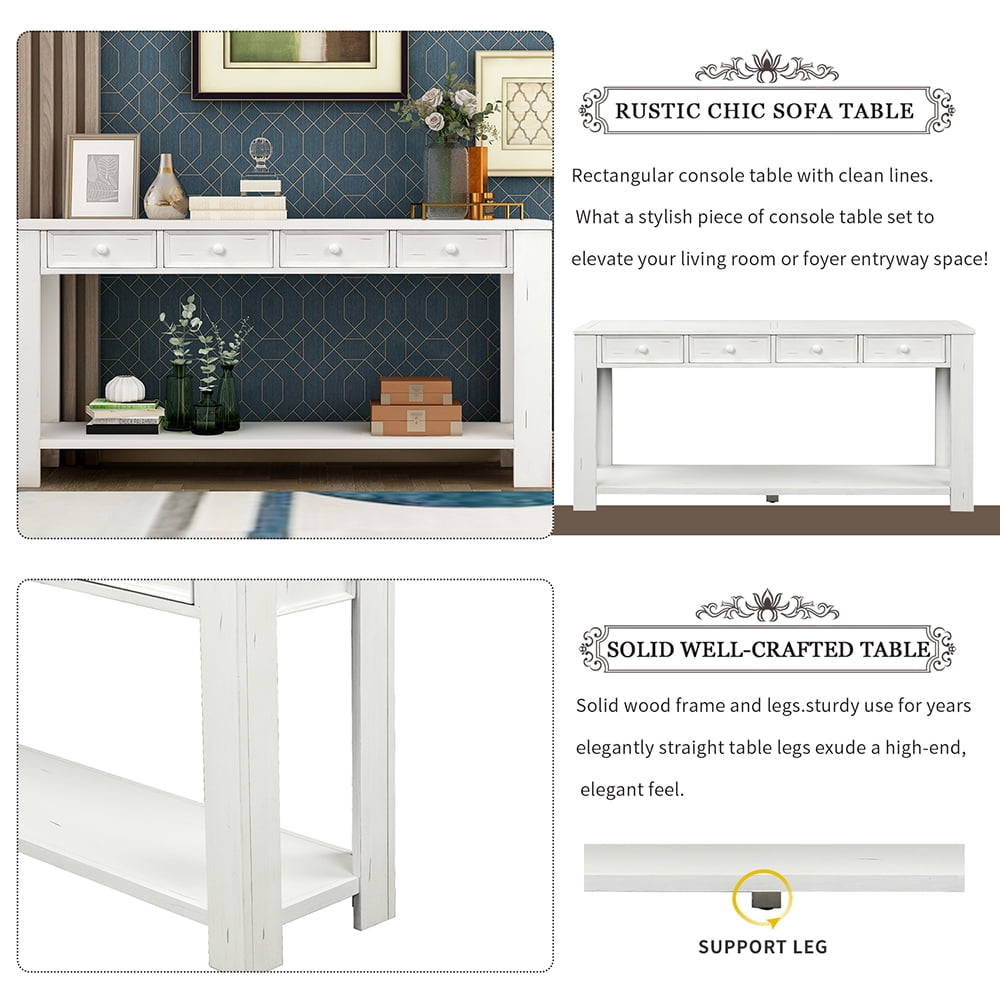 Kepooman Antique Console Table with Storage Drawers and Bottom Shelf, Sofa Table for Entryway Hallway, White Kepooman Antique Console Table with Storage Drawers and Bottom Shelf, Sofa Table for Entryway Hallway, White