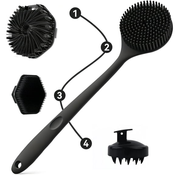 4PCS Silicone Back & Body Scrubber Set, Dual-Sided Exfoliating Bath Brush with Long Handle and Non-Slip Grip