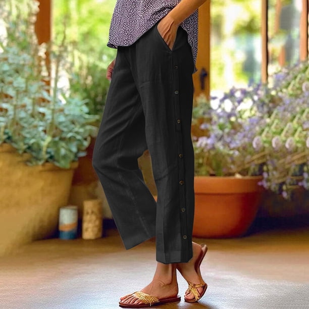 WILLBEST Pantalones Largos Casuales de Lino para Mujer con Cintura Elástica y Botones: Cómodos, elegantes y Versátiles para Cualquier Ocasión. Extra Grande