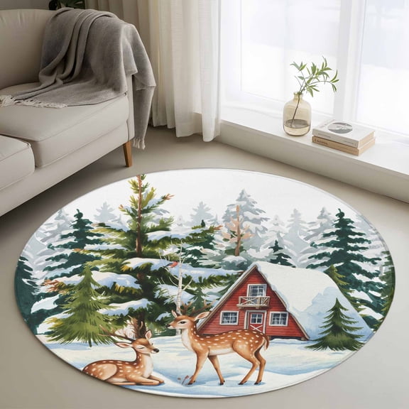 Christmas Round Rug 3ft Washable Circle Entryway Rugs Non Slip Xmas Winter Forest Tree Deer Snowflakes Area Rug Indoor Floor Carpet for Bedroom Kitchen Living Room Home Office Dining Room Nursery