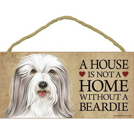 Bearded Collie "A house is not a home without a Bearded Collie" - 5" x 10" Wooden Sign with Bonus 1pc.Stand and "I Love My Dog" 3 Inch Round Decal