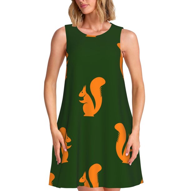 Fotbe Bold Squirrel Silhouettes Vestido de Verano sin Mangas para Mujer – Vestido Midi Línea A, Estilo Camiseta Floral, Vestido Playero Casual y Fluido