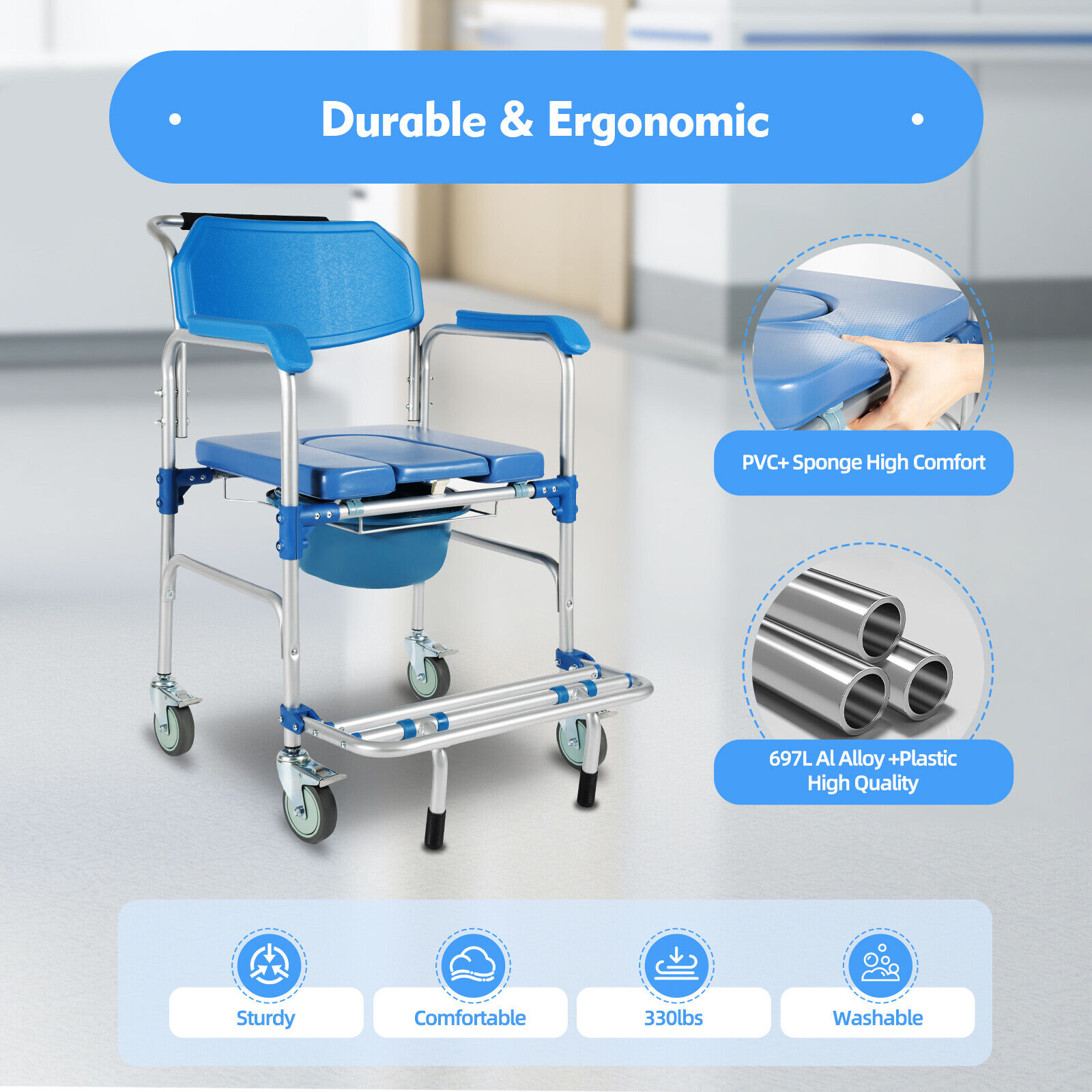 Elderly Shower Wheelchair,350lb Beside Commodes,Shower Potty Transport Chair,Bath Wheelchair Hight Adjustable,Flip Up Footrests Perfect for Handicap Disabled Travel Use