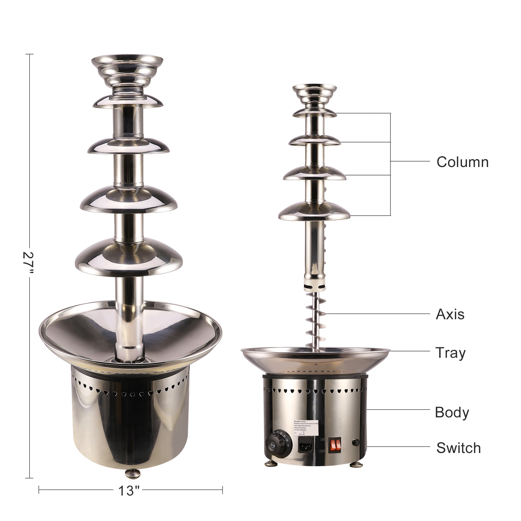 27.6" 5-Tier Heated Chocolate Fountain, Stainless Steel Construction w/Auto Temperature Control 86°- 230° F, for Up to 50 Guests