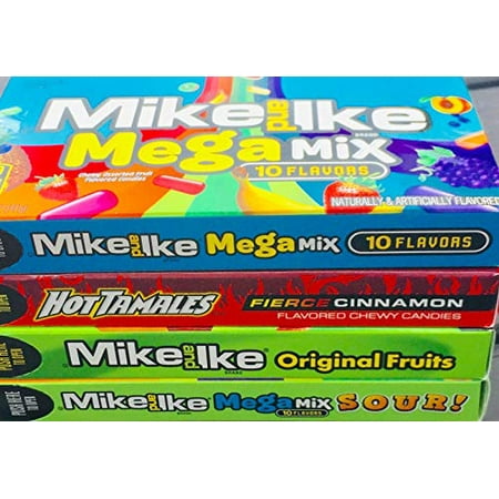 Mike & Ike & Hot Tamales 4 Box Set (Mike & Ike Megamix 10 Flavors - Hot Tamales Fierce Cinnamon - Mike & Ike Original Fruits - Mike & Ike Megamix Sour) (5 Ounce Each - 4 Box Set!!!!!)