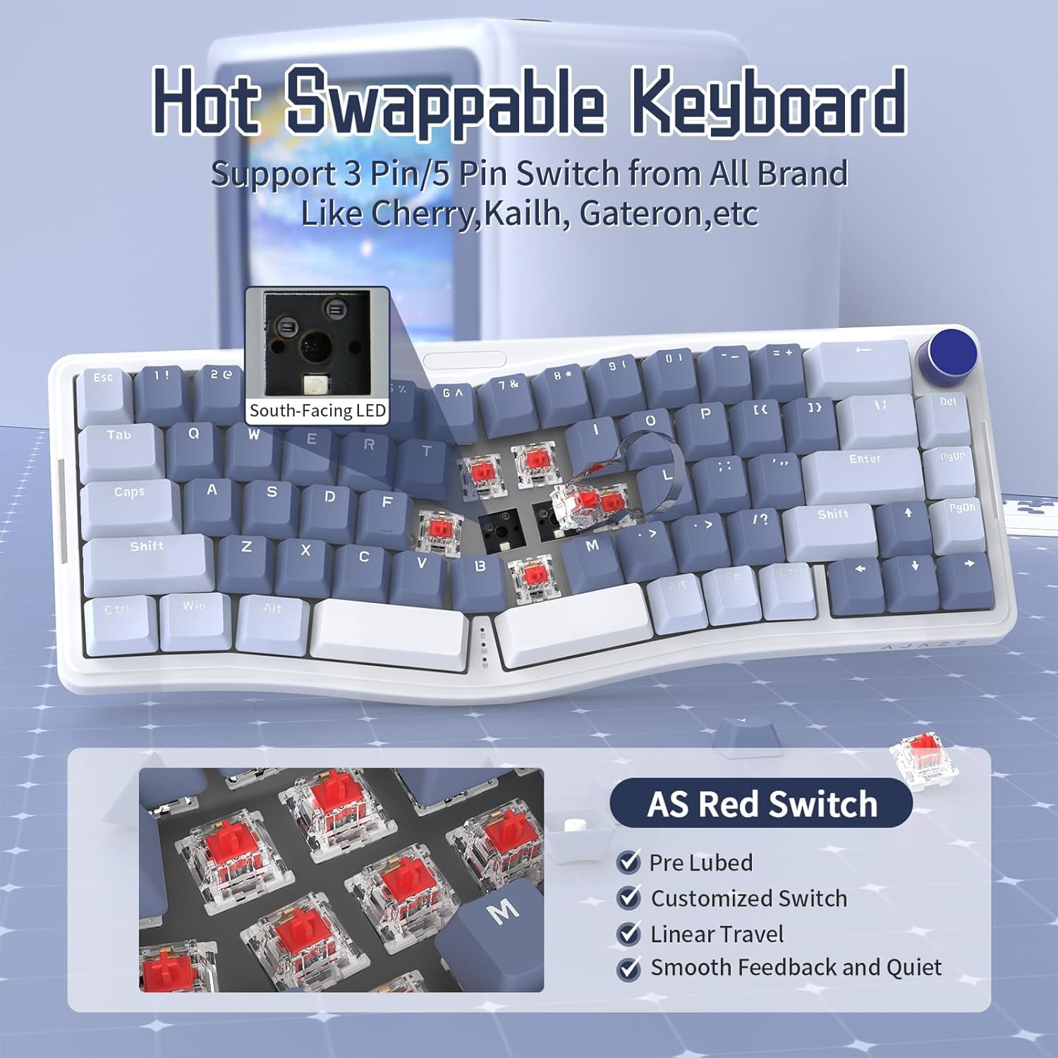 ATTACK SHARK AKS068 Alice Layout Wired Mechanical Keyboard, Gasket Mount 68 Keys Ergonomic 60% Gaming Keyboard USB-C, VIA-Programmable, Hot-Swappable Tactile Switch, RGB Backlit, Knob, NKRO, PC/MAC