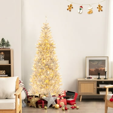 Gymax 6 FT Pre-lit Artificial Silver Tinsel Christmas Tree Slim Pencil Xmas Tree w/ 790 Branch Tips & 300 LED Lights