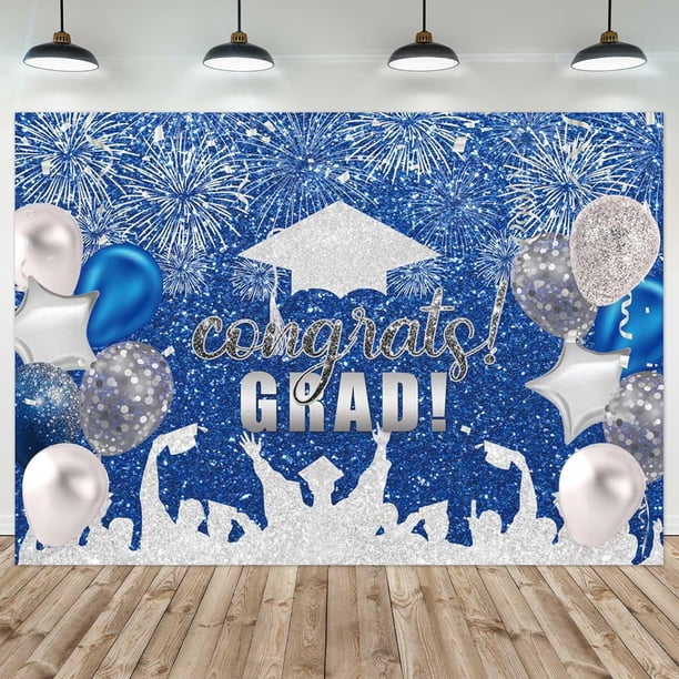 Fondo de fotografía de graduación de tela de poliéster azul y plateado, fondo de la clase de 2024, gorro de soltero, globo para felicitaciones de graduación, decoración de fiesta de graduación,