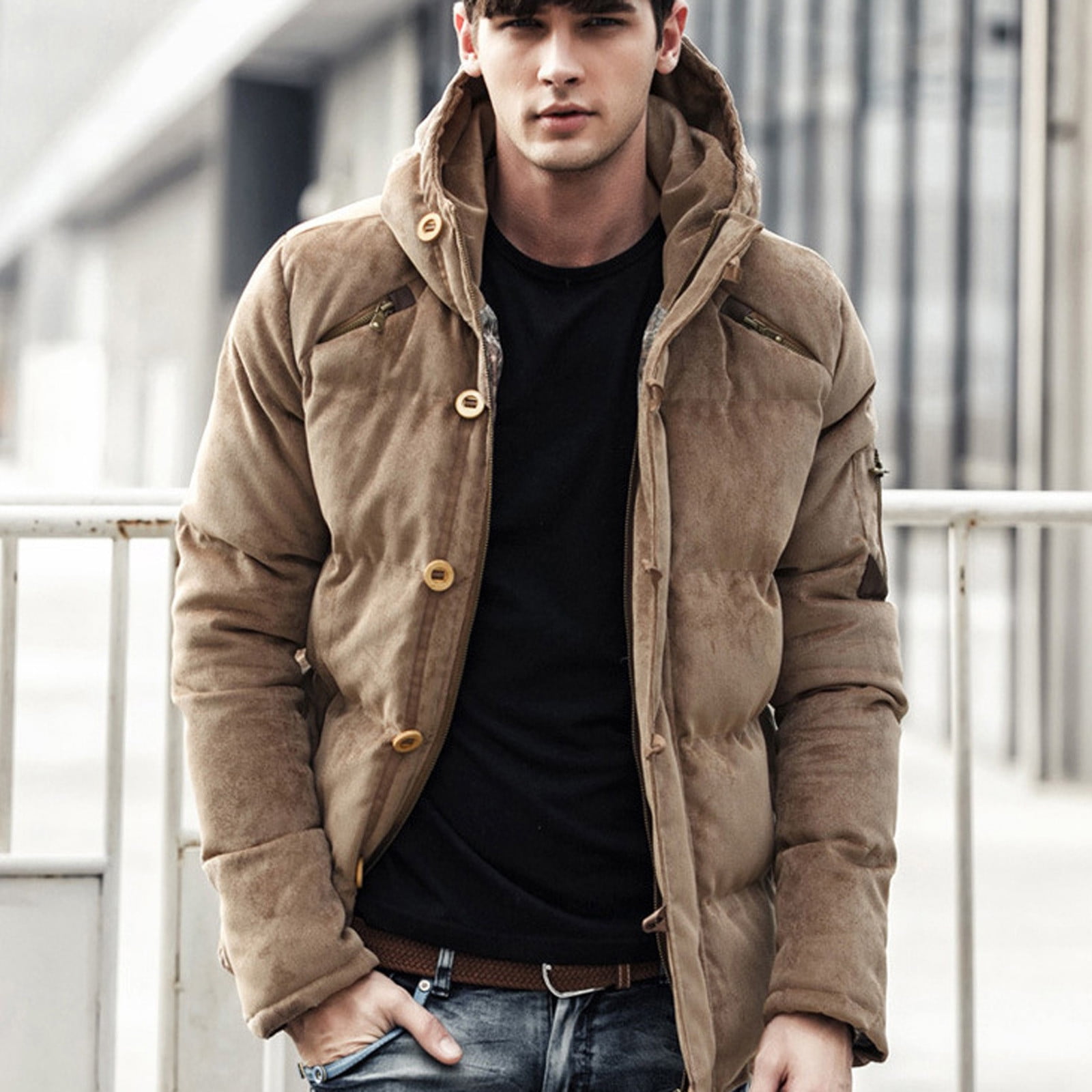 Men s Coats And Jackets Hooded Men Solid Casual Corduroy Hooded Thicken British Style Jacket Zipper Button Coats Khaki M JE Walmart