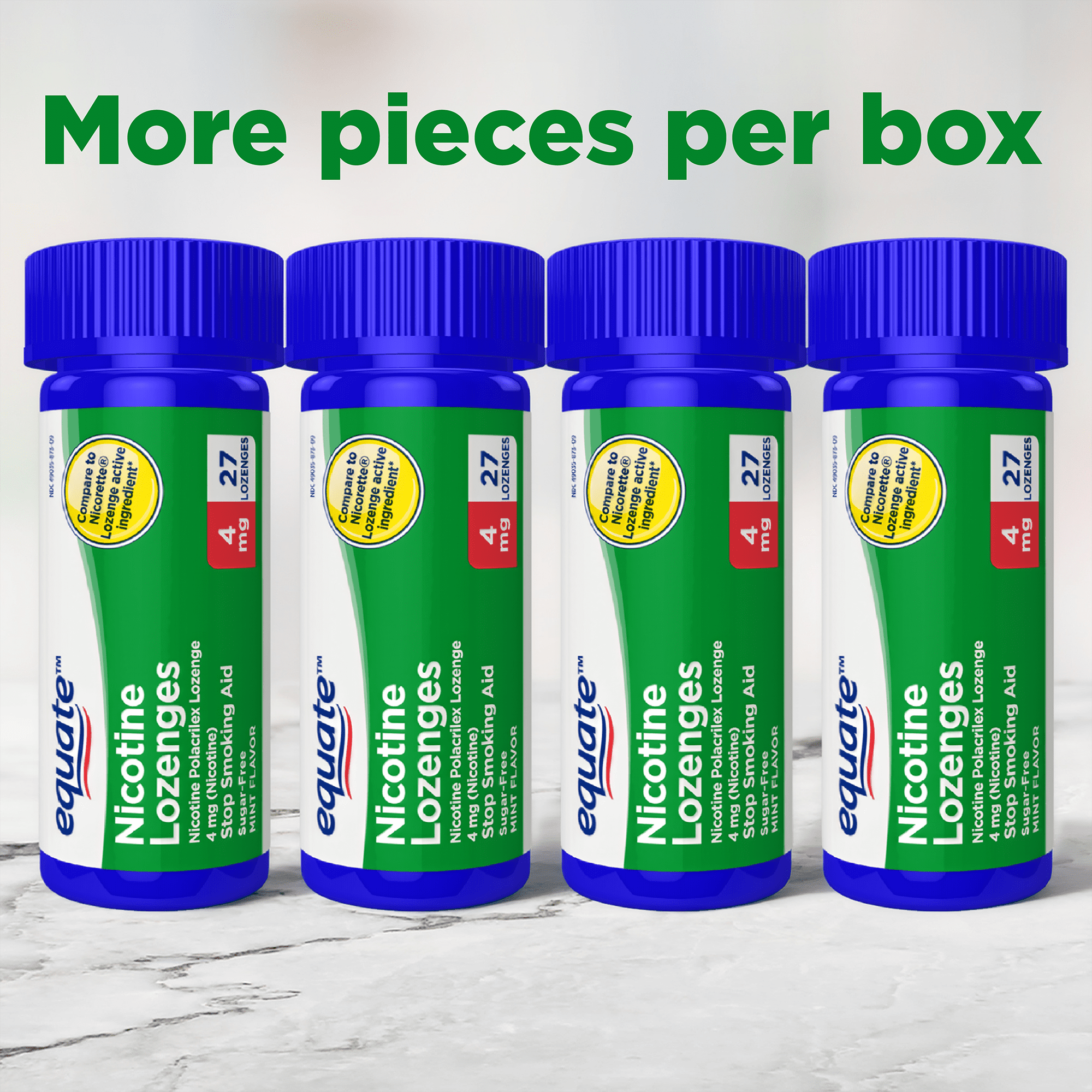 (3 pack) Equate Nicotine Polacrilex Lozenge 4 mg, Mint Flavor, Stop Smoking Aid, 108 Count, Compare to Nicorette® Lozenge Active Ingredient