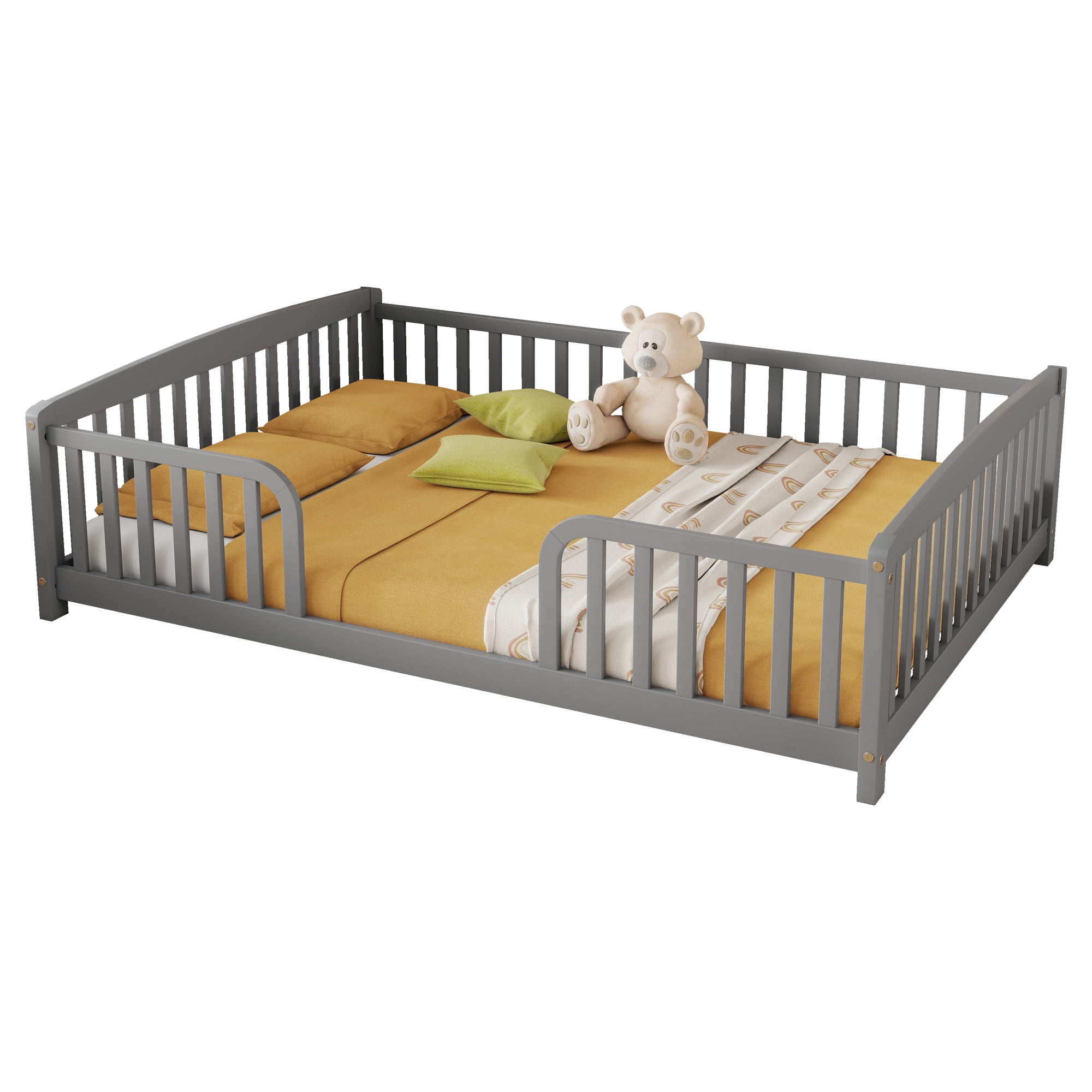 Jopath Full Size Floor Fence Bed with Central Entrance,Pine Wood Floor bed with Guardrails for Boys Girls Grey