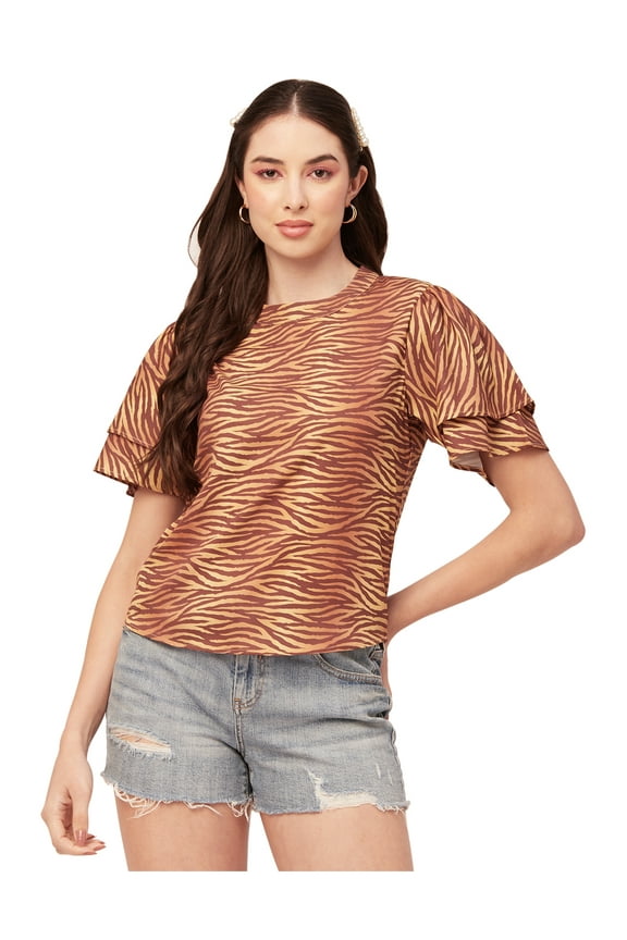 Printed Tops For Women Round Neck Flutter Sleeve Poly Crepe Tunic Top