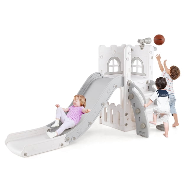 Costway 6 in 1 L-shaped Toddle Slide for Toddlers Age 1-3 Baby Slide with Basketball Hoop Gray + White