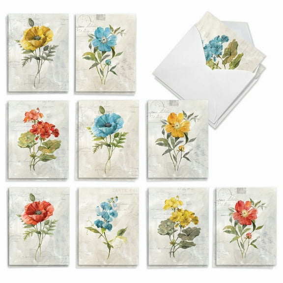 20 Thank You Note Cards Pack (10 Designs, 2 Each) - Multicolored Botanicals (4" x 5.12") AM8853TYG-B2x10