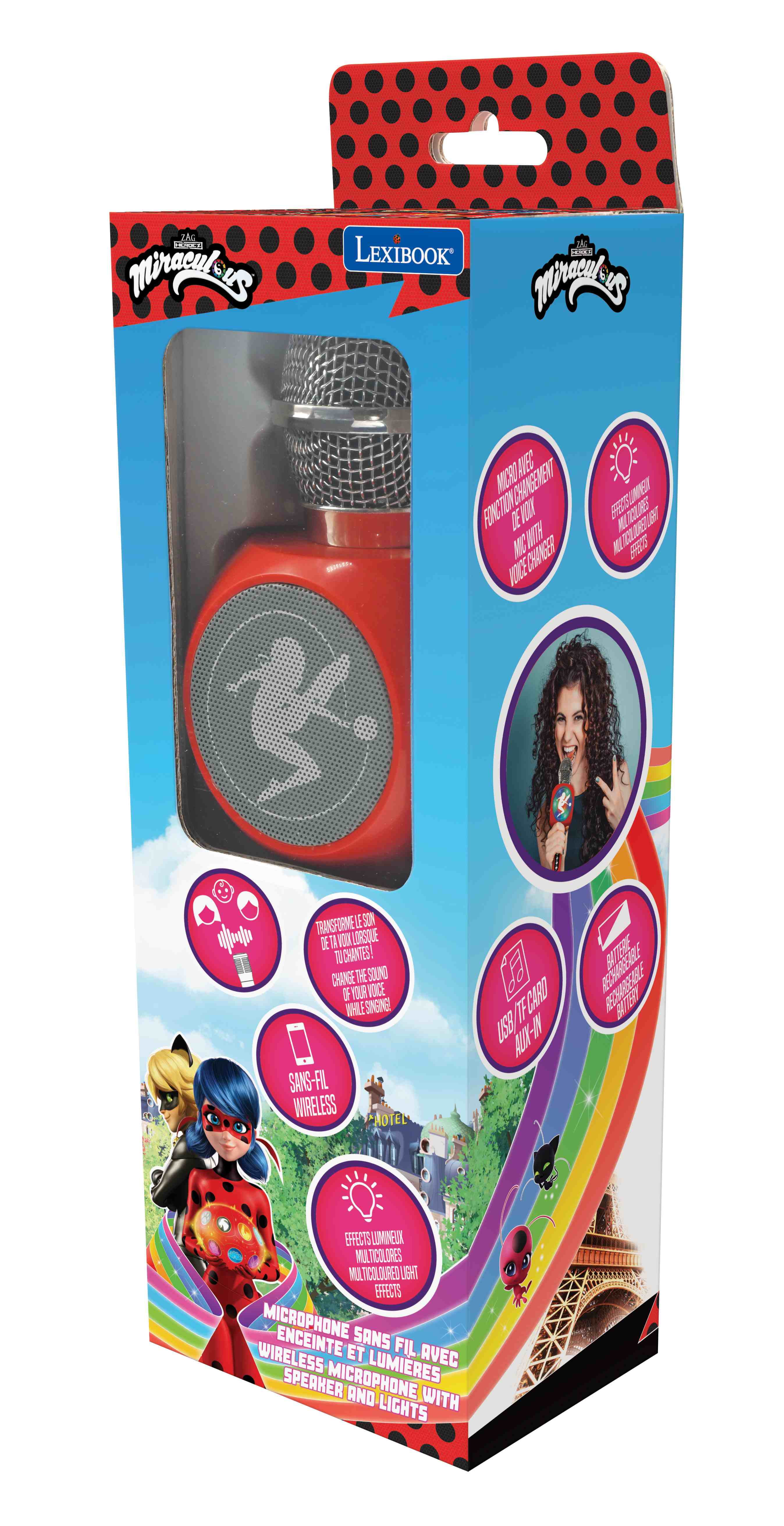 Lexibook Miraculous Wireless Microphone with Speaker, Lights and Voice Changer, Bluetooth, USB, Micro SD, Silver/Red