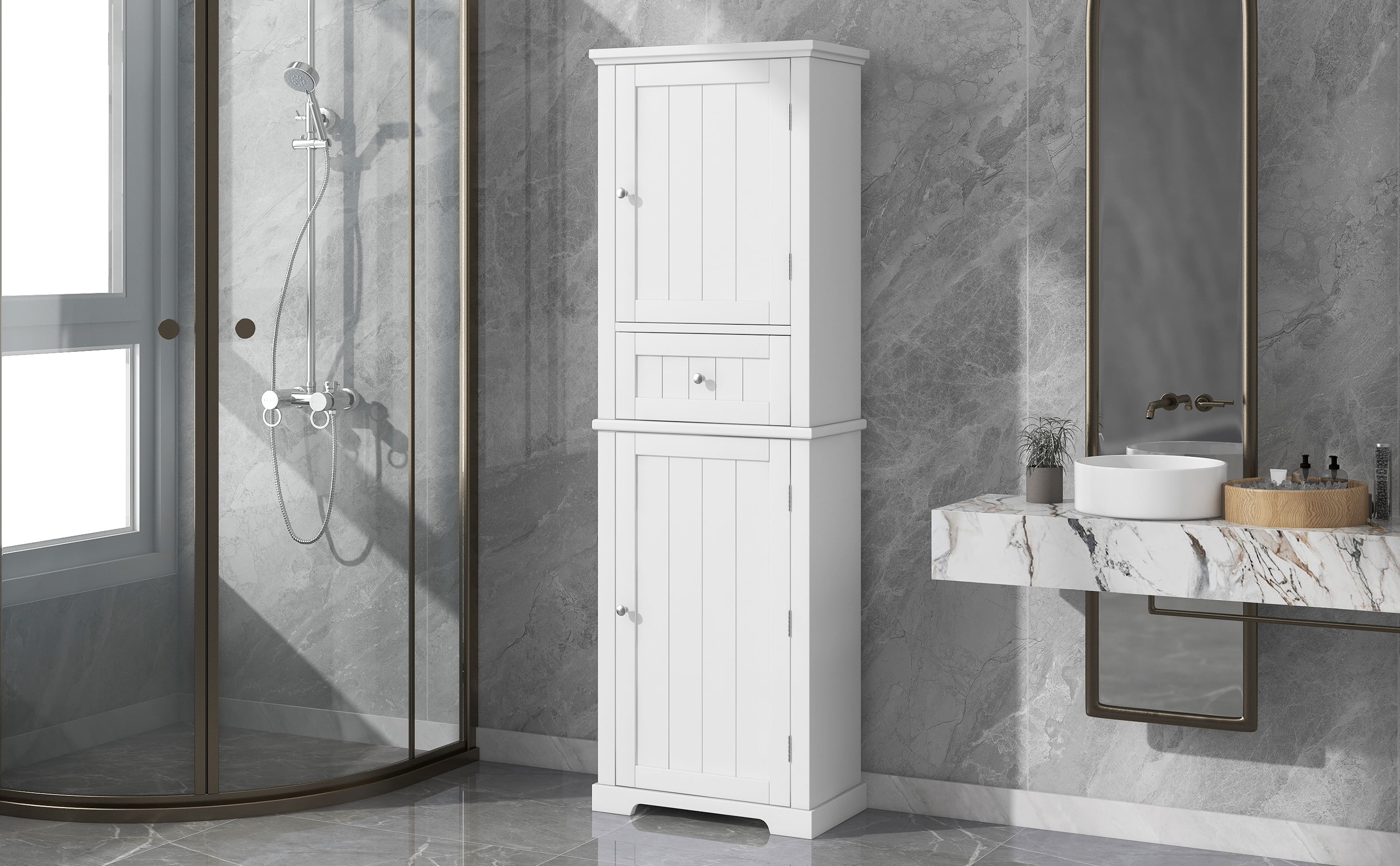 Euroco Tall Bathroom Storage Cabinet, Freestanding Storage Cabinet with Drawer and Adjustable Shelf, MDF Board with Painted Finish, White