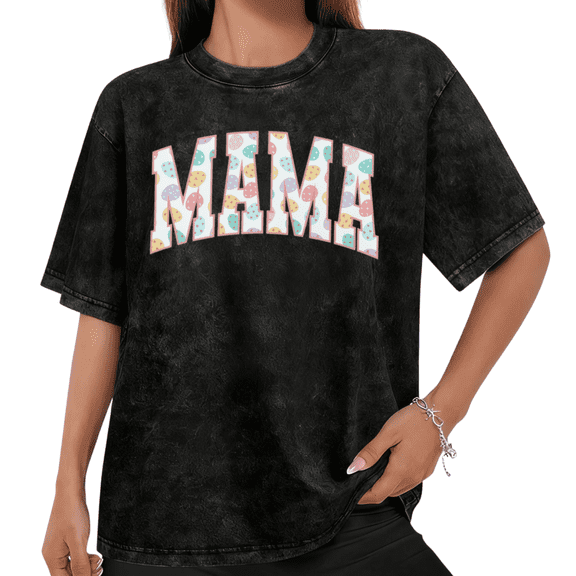 Women Casual Easter Eggs Mama Graphic Tees Cotton Crew Neck Printed T Shirt Tops Washed T Shirt Black S-2XL Plus Size