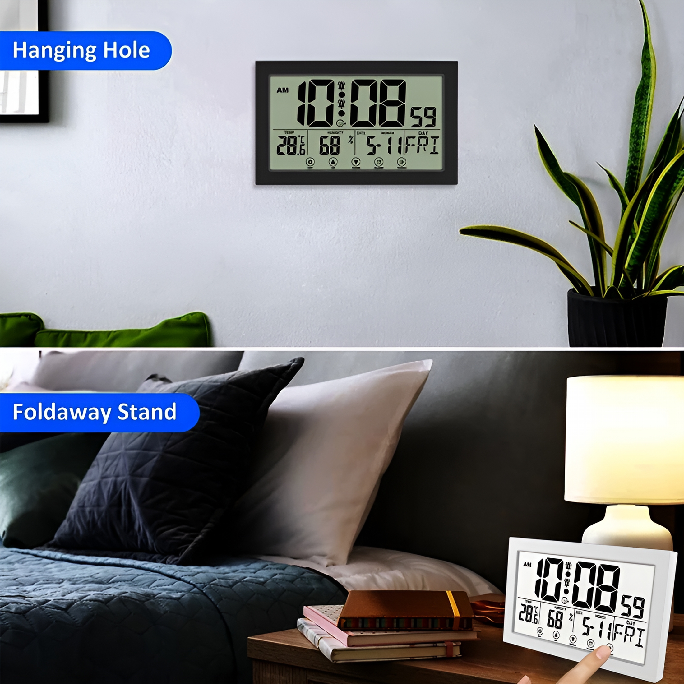 DESIGNICE 2026 New Auto Set Digital Wall Clock Battery Operated,Digital Wall Calendar,Desk Clocks with Temperature,Humidity,Display Digital Calendar Alarm Clock for Elderly,Bedroom,Office,Black