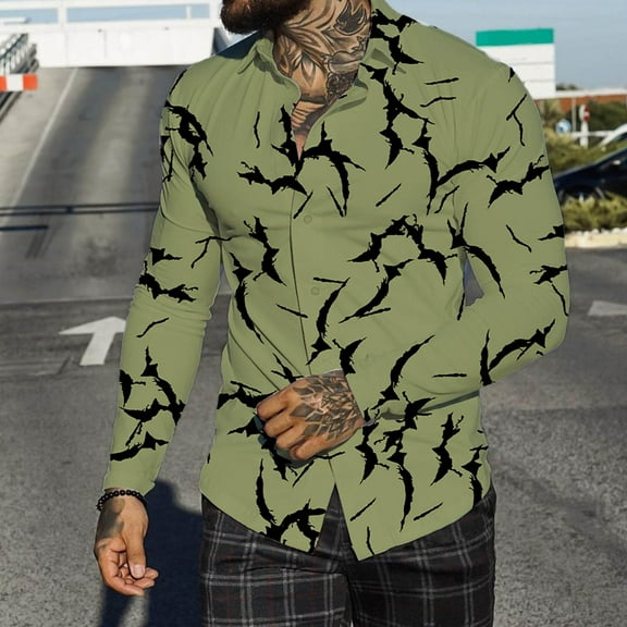 Aayomet Shirts For Men Men Autumn Winter Single Casual Lapel Full Print Mens Short Sleeve Button Down Shirts Green,L