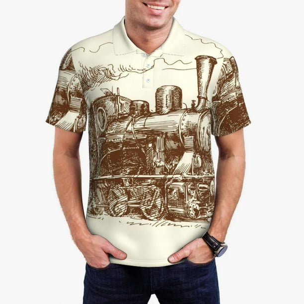 Balery Train Camisa Polo de Hombre con Estampado, de Manga Corta y Tejido Medio, Camisa Tipo Golf Polo-Large