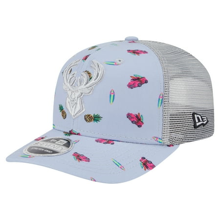 Men s New Era Light Blue/Gray Milwaukee Bucks Adventure Aloha Pattern 9SEVENTY Stretch-Snap Hat