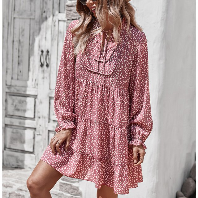 Vestido, Manga Farol Larga Con Lazo, Cuello En V, Dobladillo Con Volantes, Vestido De Otoño Suelto Floral Para Dama Para Ir De Compras