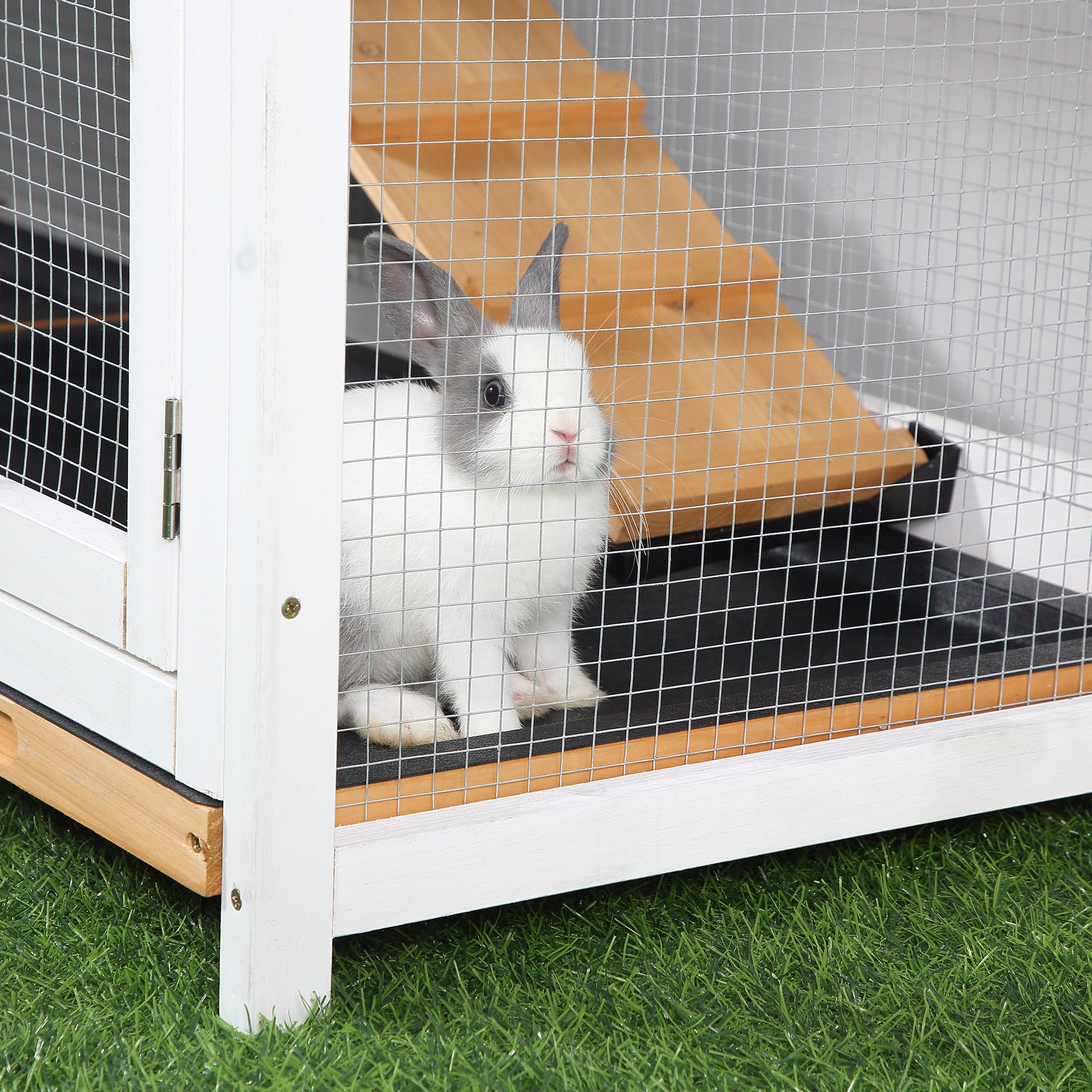 PawHut 2-tier Wood Rabbit Hutch Backyard Cage Small Animal House with Entrance Ramp, Lockable Doors, & Large Outdoor Run