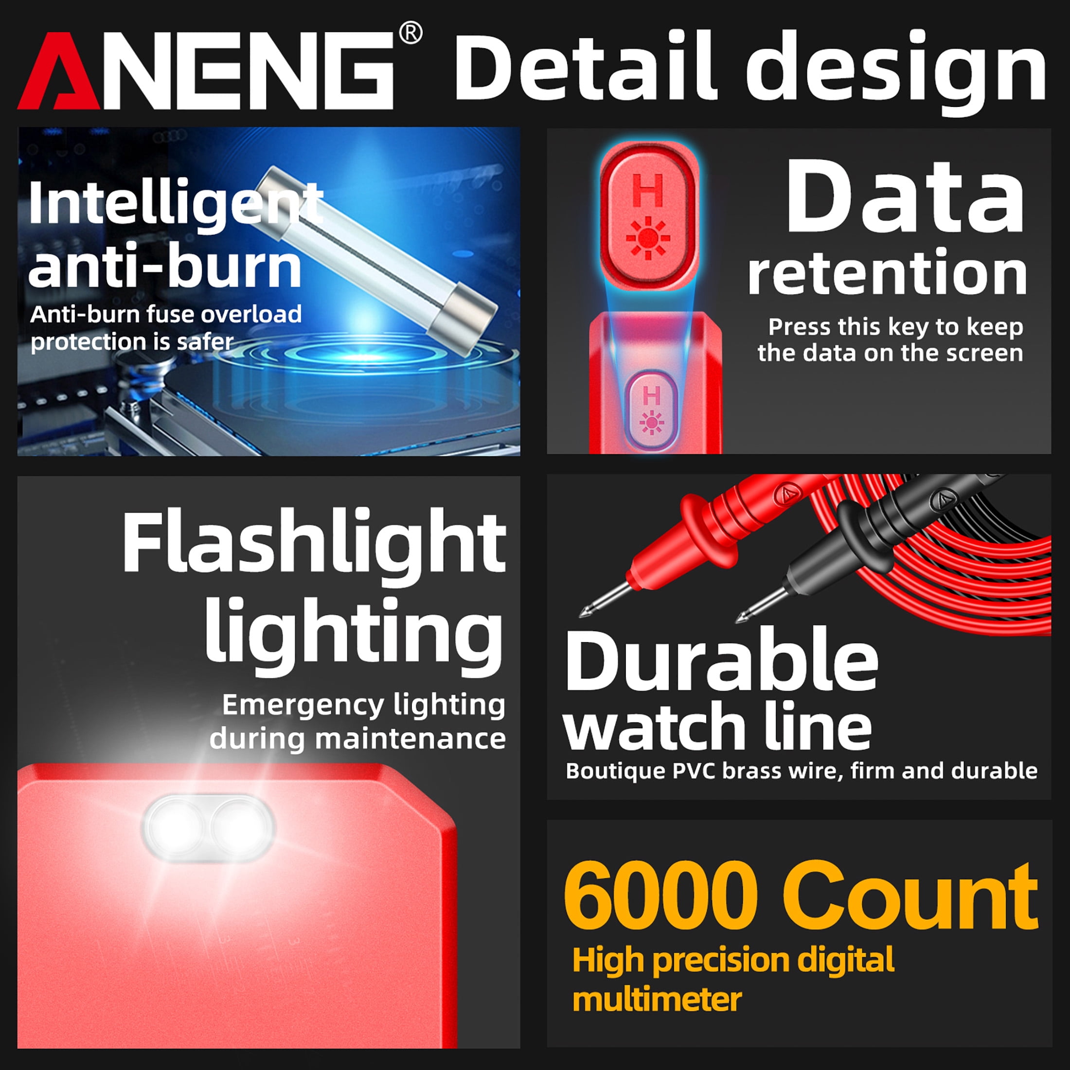 ANENG 620A Smart Digital Multimeter 6000 Counts True RMS, NCV, AC/DC Voltage/Current, Resistance/Capacitance/Temperature Tester with Flashlight