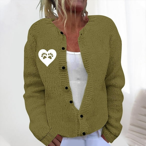Cardigan Sweaters for Women Women's Casual Printed Knitted Cardigan Button Coat Army Green 4XL